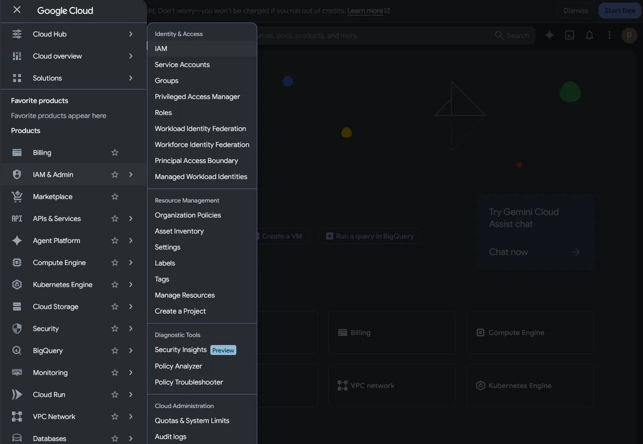 Hlavní nabídka Google Cloud: položka IAM & Admin a v podnabídce IAM