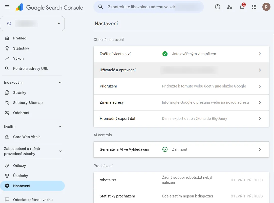 Nastavení služby v Search Console: položka Nastavení v levém menu a řádek Uživatelé a oprávnění
