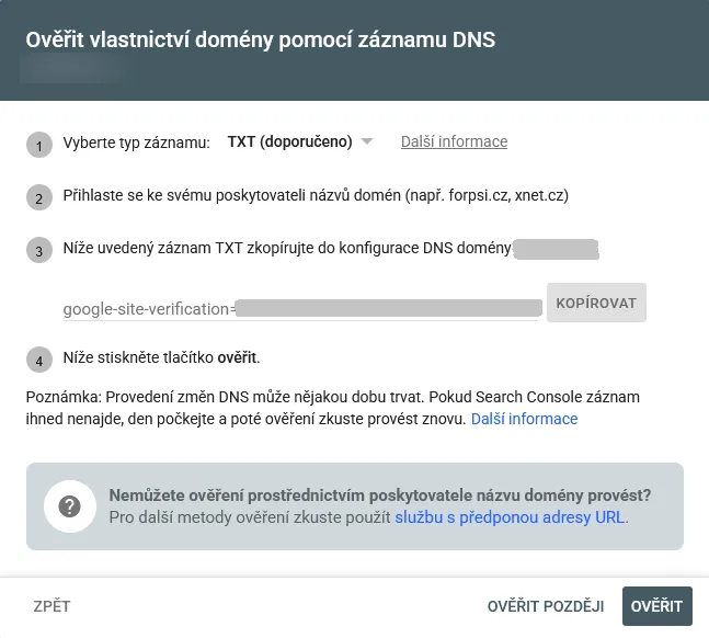 Ověření vlastnictví domény: záznam TXT google-site-verification a tlačítko Kopírovat