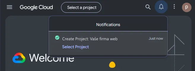 Oznámení Create Project s odkazem Select Project