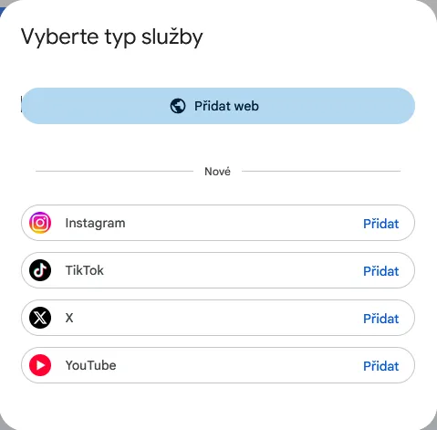 Okno Vyberte typ služby s tlačítkem Přidat web a nabídkou sociálních sítí
