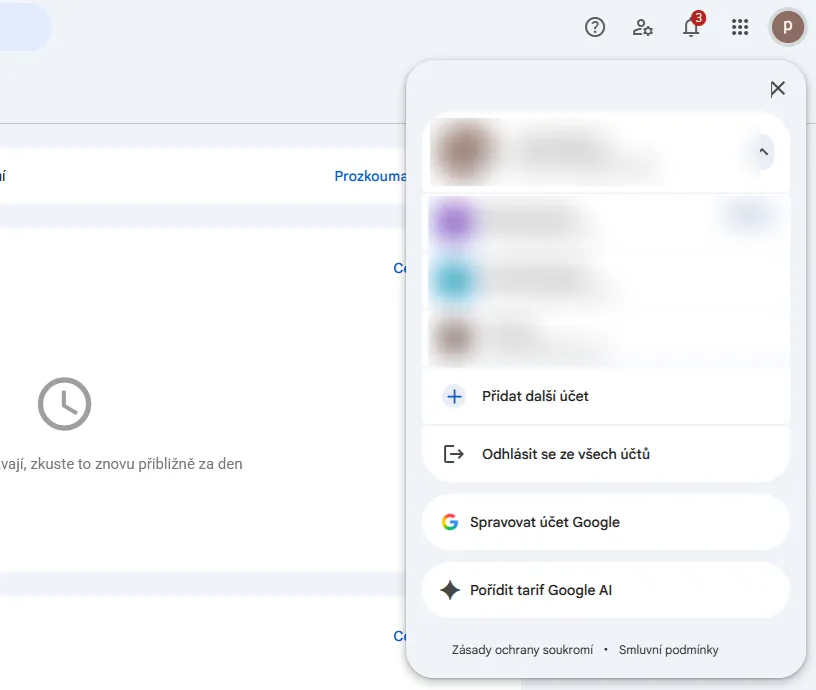 Search Console s otevřenou nabídkou účtu: ikona účtu vpravo nahoře a právě přihlášený účet