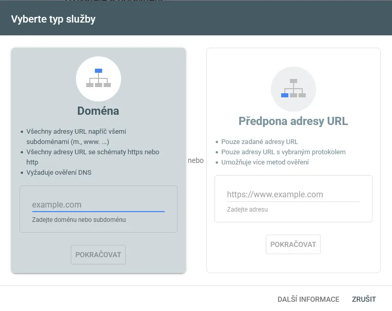 Volba typu služby: vlevo Doména s polem pro adresu a tlačítkem Pokračovat, vpravo Předpona adresy URL
