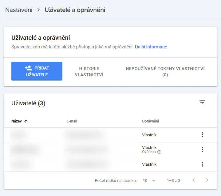 Stránka Uživatelé a oprávnění s tlačítkem Přidat uživatele